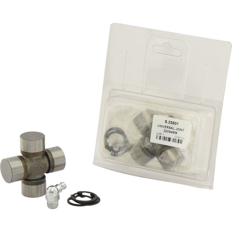 A Sparex Universal Joint - 22 x 54mm (Standard Duty) (Agripak 1 pc.), including bolts and rings, all meticulously laid out next to the product packaging, featuring the Sparex Part No.S.23501.