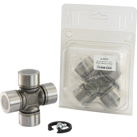 A universal joint with its components laid out includes a cross-shaped metal piece, hardware, and an extra identical joint in a Sparex plastic package for the Universal Joint - 36 x 89mm (Standard Duty) (Agripak 1 pc.) | Sparex Part No. S.23518.