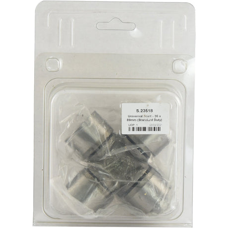 A clear plastic package containing several metallic cylindrical components, labeled "Universal Joint - 36 x 89mm (Standard Duty) (Agripak 1 pc.) | Sparex Part No. S.23518".