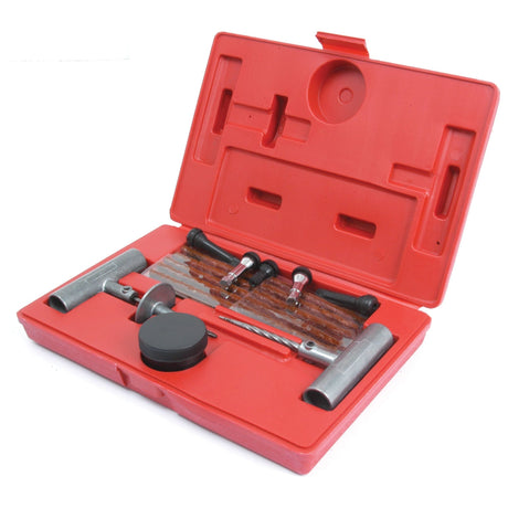 The Sparex Tubeless Tyre Repair Kit (42 pcs.), Part No. S.23526, is a red plastic case with all the essentials for tubeless tire repair, including T-shaped handles, plugs, and a black cylindrical container—ideal for off-road vehicle enthusiasts.