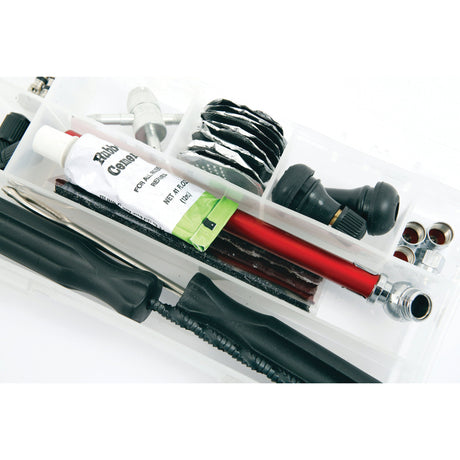 The Tubeless Tyre Repair Kit (34 pcs.) | Sparex Part No. S.23527 by Sparex is a plastic organizer that includes various tools, a tube of rubber cement, red and black components, and a valve—ideal for puncture repair in low-pressure tubeless tyres.