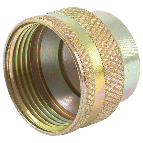 The Dowty type Coupling Dust Cap - S.2352 by Sparex is a metallic threaded cylindrical coupling with a knurled grip, often made from carbon steel, commonly used in plumbing or mechanical applications.