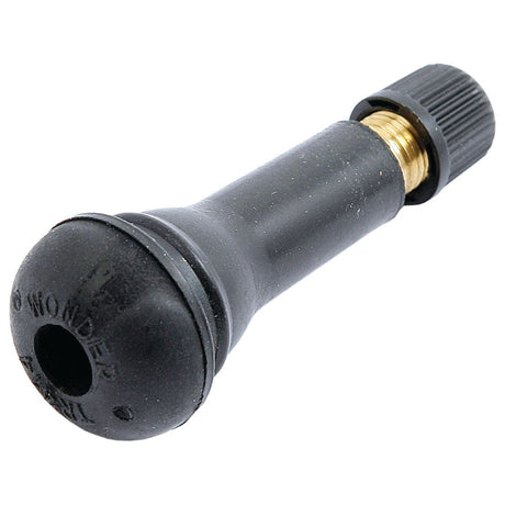 Close-up of a Sparex TR414 black rubber tube valve, featuring 51mm brass threading and a plastic end cap, part number S.23544.