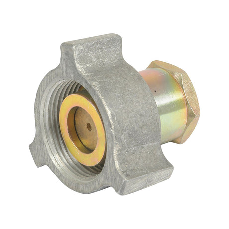 Close-up of the Sparex Exactor type Coupling 3/8” BSP female, Part No.S.2354, featuring a metal hose coupling with an angled hex nut and ridged threading on one side, compatible with Massey Ferguson machinery. This product is shown on a white background.