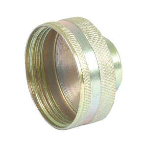 The Sparex Dust Cap BZP Fits Exactor Male Screw-on Coupling - S.2355 is a threaded, metallic, cylindrical connector fitting with knurled grip edges on the outside and internal threading, made from durable carbon steel.