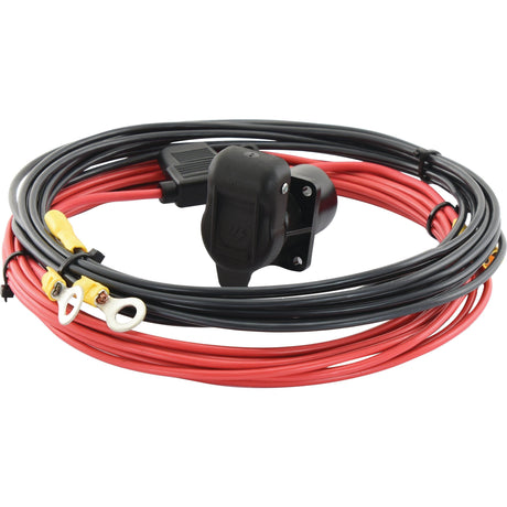 A 16ft coiled bundle of 4mm² red and black Auxiliary Equipment Power Cable featuring terminal connectors and a black plastic component at the center, branded as Sparex S.23581, Female/Female.