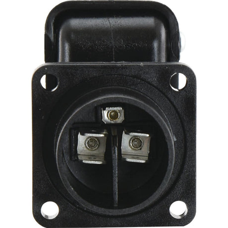 Close-up image of a Sparex Auxiliary Equipment Power Cable S.23581, featuring a black electrical power inlet with exposed terminals and corner mounting holes, paired with a 5-meter, 3-pin Female/Female cable for seamless connectivity.