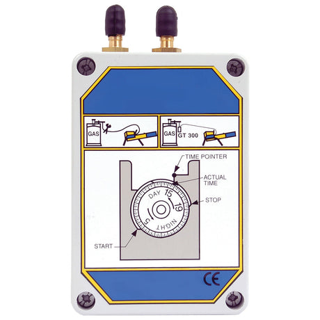 The Sparex Bird Scarer - Timer (Part No. S.23633) is a rectangular device featuring two labeled connectors at the top, a circular dial in the center displaying days, and instructional diagram stickers. This mechanical timer also includes a CE marking at the bottom right for compliance assurance.