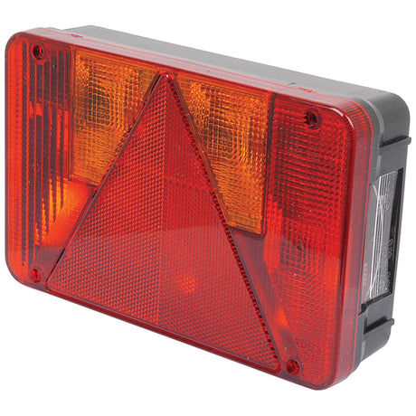 The Sparex Rear Combination Light (Halogen), 12V, LH, featuring a 4-function design for brake, tail, indicator, and number plate lighting includes a central red triangular reflector bordered by orange and red sections on each side for optimal brightness (Sparex Part No. S.2365).