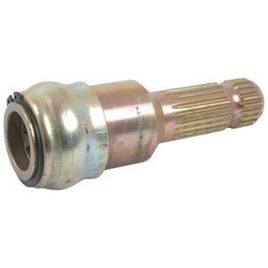 The PTO Adaptor - Female spline 1 3/8'' - 6 x Male spline 1 3/8'' - 21 with Quick Release Collar (S.23738) from Sparex is a metallic, cylindrical mechanical part featuring ridged ends and a smooth middle section, designed to ensure efficient attachment and detachment in automotive or industrial applications.