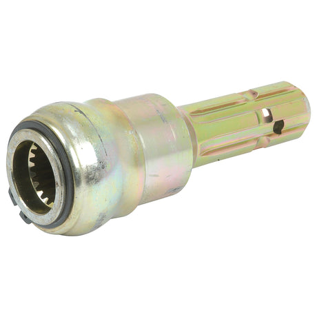 The Sparex PTO Adaptor - Female spline 1 3/8'' - 21 x Male spline 1 3/8'' - 6 with Quick Release Collar (S.23739) is a metallic cylindrical mechanical component with a somewhat polished finish, featuring a threaded end and a hollow center, designed as a Quick Release Collar.