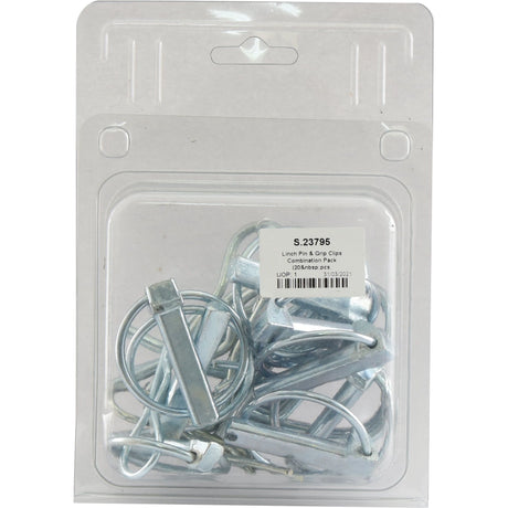 A clear plastic case with a white label displays the Linch Pin & Grip Clips Combination Pack (20 pcs. Agripak) branded under Sparex, listed as Sparex Part No.S.23795.