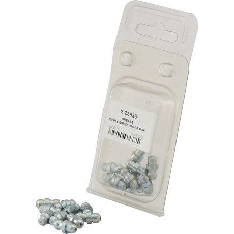 A pack of Sparex Grease Nipples - 6mm (Agripak 10 pcs.) Part No.S.23836 in a clear plastic case, with some nipples scattered outside on a white surface.