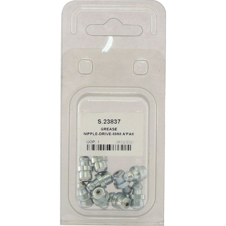 A retail package containing several small metallic grease nipple drive fittings, labeled as "Grease Nipple - 8mm (Agripak 10 pcs.) Sparex Part No.S.23837." The Sparex Agripak package displays a barcode and date, highlighting the thread size of 8mm.