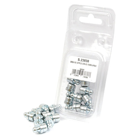 A plastic package containing several 10mm grease nipple fittings, Sparex Part No. S.23838, with additional 10-piece fittings from Agripak scattered outside. The packaging features a label with product information for the Grease Nipple - 10mm (Agripak 10 pcs.) by Sparex.