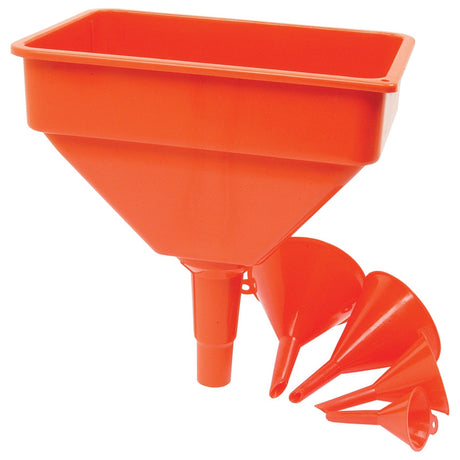 This high-quality Sparex Funnel Kit, Sparex Part No. S.23843, is a set of five bright orange funnels of different sizes, arranged together, with the largest funnel having a rectangular flat opening at the top and includes model numbers 6390 and 27380 for your convenience.