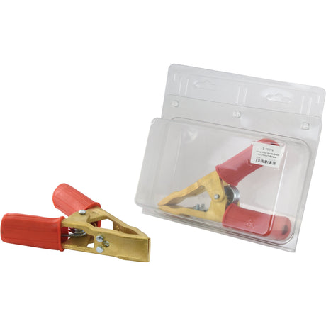 A high-quality Jump Lead Cable Handle 600a in red and brass with a rubber handle, displayed both out of its clear plastic packaging and inside. Ideal for your electrical projects or as a Sparex tool in your workshop. Refer to Sparex Part No. S.23879 for more details.