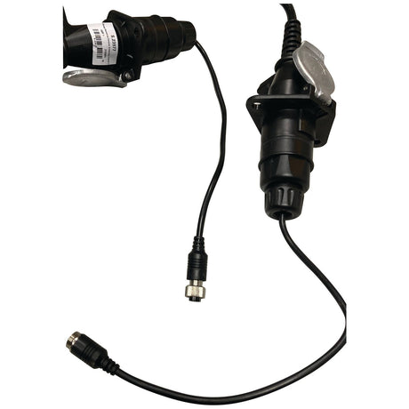 Introducing the Wired Vehicle Camera Extension Cable and Coupling (Sparex Part No. S.23977) by Sparex. This coiled black flexible extension cable measures 3500mm in length and features connectors on both ends, including a multi-pin plug with a locking mechanism. Ideal for various applications, this Sparex cable ensures secure and reliable connections.