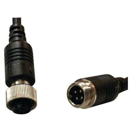 Two black electronic connectors, one with a four-pin configuration and the other with a threaded metal ring, are part of the Wired Vehicle Camera Extension Cable and Coupling, Sparex Part No.S.23977.