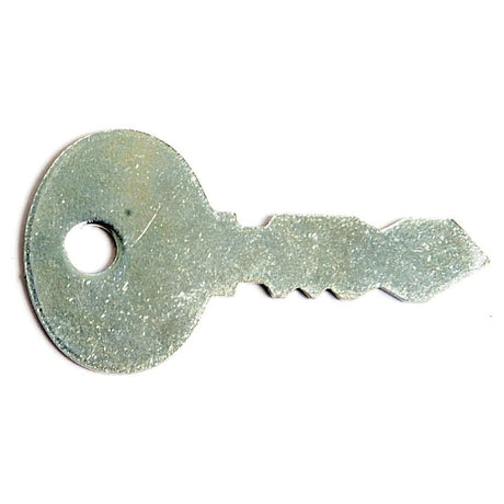 A silver, flat ignition key with a round head and jagged edges on a white background, suitable for use as the Sparex Ignition Key | Sparex Part No. S.23996.