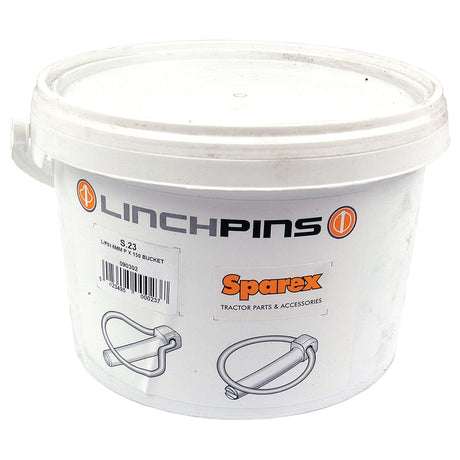 A white plastic bucket labeled "Linchpins" from the brand "Sparex" is used for storing tractor parts and accessories, including a standard duty Ø6mm x 44.5mm Pear Linch Pin (150 pcs) with Sparex Part No. S.23.