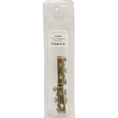 This set of brass battery terminal clamps, including both positive and negative terminals (Agripak 2 pcs.), comes with screws and is neatly packaged in a clear plastic case. It is labeled with product information and a barcode, making it an ideal choice for Agripak users who need reliable cable connections for agricultural machinery. Look for Sparex Part No.S.24000 under the renowned Sparex brand.