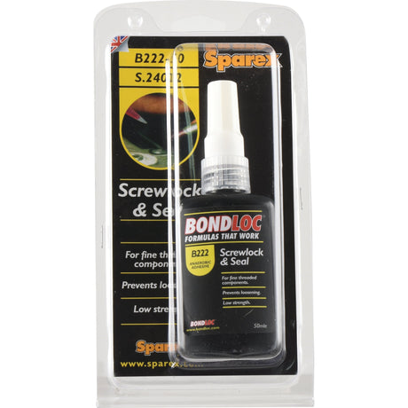 A 50ml bottle of Screwlock B222 (S.24072) by Sparex, ideal as a low strength threadlocker for small fasteners and fine threads. The packaging includes detailed product information and the Sparex logo.