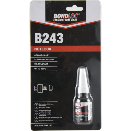 A bottle of Nutlock B243 10ml - S.24073, manufactured by Sparex in the UK, is packaged and showcases medium strength threadlocker properties along with oil tolerance and temperature resistance up to 180°C.