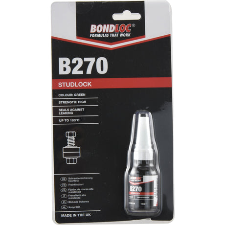 Image shows a package of Sparex Studlock B270 10ml - S.24076 adhesive. The high strength threadlocker is green, offers impressive vibration resistance, seals against leaking, and works up to 180°C. The package includes the adhesive bottle and product information.