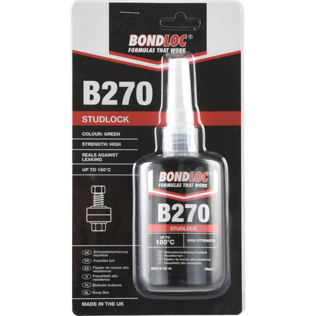 The Studlock B270 adhesive by Sparex, available in a 50ml bottle (S.24078), comes packaged in a black and red blister pack. This high-strength threadlocker seals against leaks, prevents vibration, and remains effective at temperatures up to 180°C. Made in the UK.