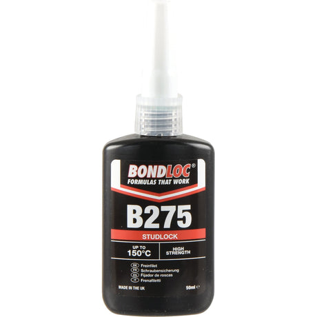 A 50ml bottle of Sparex Threadlock B275 (S.24079) high strength threadlocker, suitable for temperatures up to 150°C, featuring a white nozzle and a red-black label.