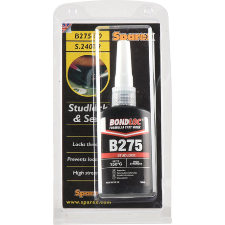 A sealed package of Threadlock B275 50ml - S.24079 from Sparex, featuring a black bottle with a pointed applicator cap. The package highlights details, including description, usage, and safety information for this high-strength threadlocker.