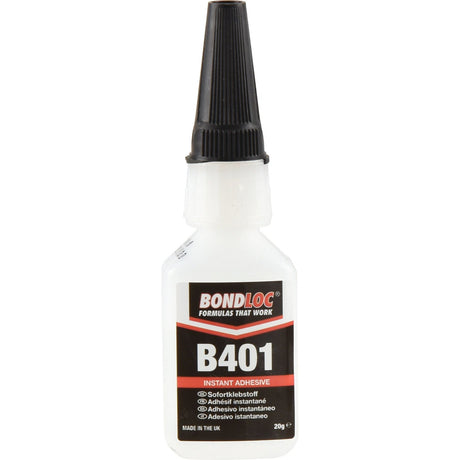 A 20g bottle of Superglue Adhesive B401 (S.24080) from Sparex, featuring a black nozzle cap. The label on the bottle indicates it is made in the UK and lists the product name along with a multilingual adhesive description. This clear adhesive ensures rapid bonding across multiple materials.