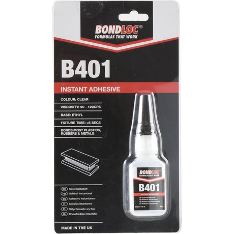 The Bondloc B401 instant adhesive, now branded as Sparex Superglue Adhesive B401 20gr - S.24080, is packaged in a clear bottle that is visible through the black and red cardboard backing. The packaging provides detailed information about viscosity, base, fixture time, and suitable materials for rapid bonding.