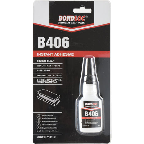 A package of Sparex Superglue Adhesive B406 20gr - S.24081 is shown. The clear adhesive, with a viscosity of 25-35 CPS and an ethyl base, excels at bonding rubbers, plastics, and metals. Made in the UK.