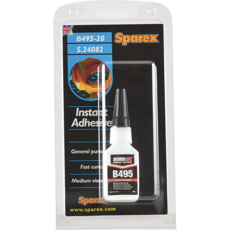 A packaged bottle of Sparex Superglue Adhesive B495 20g (Sparex Part No. S.24082) is displayed in a clear plastic blister pack, showcasing the label and nozzle cap. The adhesive is described as having fast curing with medium viscosity.