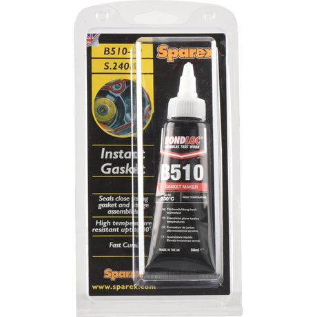 A package displaying the Sparex Flange Seal B510 50ml - S.24083 gasket maker, characterized by a black and red tube, promoted as a high-temperature resistant sealant for gaskets and extreme applications. The tube is enclosed in a clear plastic container.