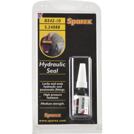 The BondLoc B542 Hydraulic Thread Sealant, available in a 10ml size and listed under Sparex Part No. S.24088, locks and seals hydraulic and pneumatic fittings with medium strength and high-pressure resistance, similar to the product labeled "Hydraulic Seal" by Sparex.