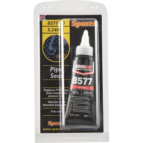 A tube of Sparex Pipe Seal B577 - 50ml (S.24093), an anaerobic sealant in a blister pack, labeled with text detailing its use for sealing and locking threaded metal pipes and fittings, suitable for high-pressure and high-temperature environments.