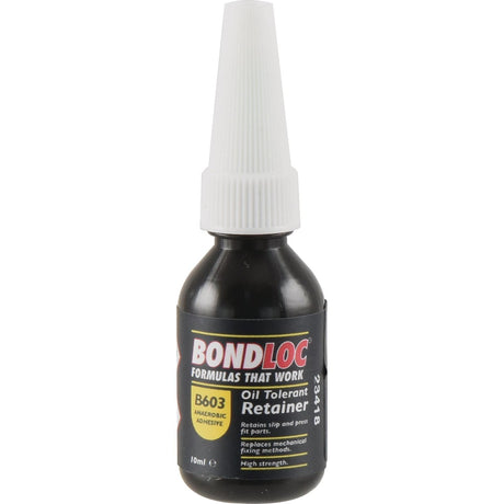 A 10ml bottle of Sparex BondLoc B603 Oil Tolerant Retainer (Sparex Part No. S.24094) features a pointed white cap and is labeled as high strength, ideal for retaining slip and press fit parts, effectively replacing mechanical fixing methods.