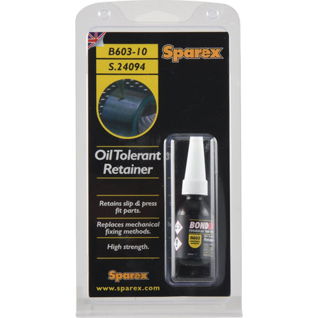 The BondLoc B603 - Retainer - Oil Tolerant, Sparex Part No. S.24094, is a 10ml solution designed for retaining slip and press fit parts. This high-strength bonding product replaces traditional mechanical fixing methods and comes in a small plastic bottle under the Sparex brand name.