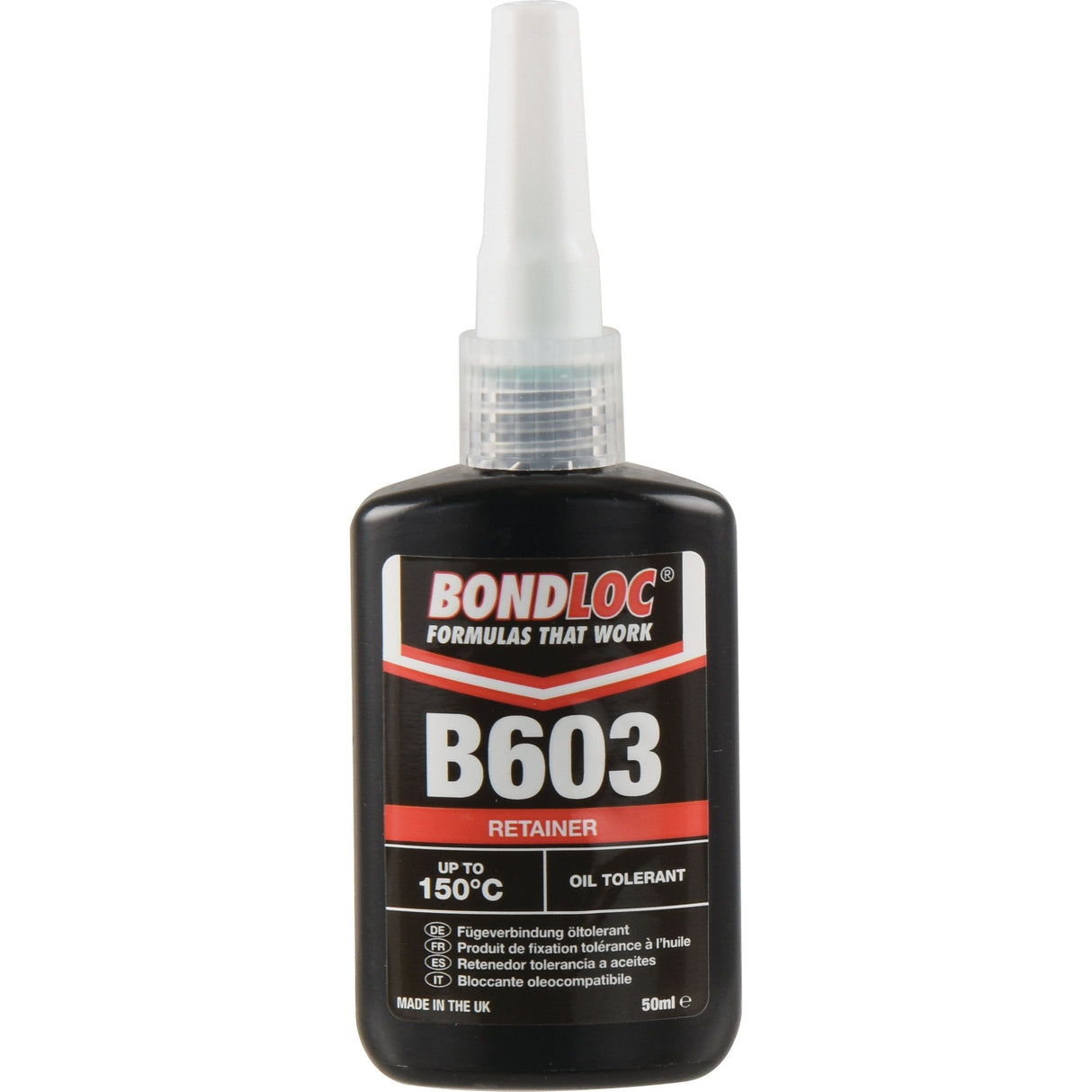 A 50ml bottle of Sparex BondLoc B603 retainer adhesive features an oil-tolerant formula and can withstand temperatures up to 150°C. The white nozzle ensures precise application.