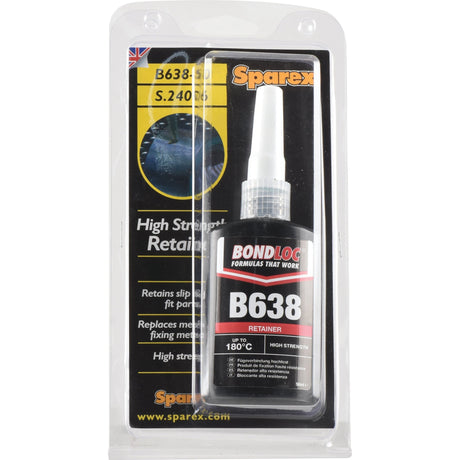 Plastic package containing a 50ml bottle of Retainer B638 (Heavy Duty) - S.24096 adhesive from Sparex, designed for cylindrical fitting parts and labeled with product details and specifications.