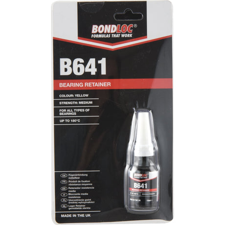 A 10ml package of Sparex Bearing Retainer B641 (S.24097), a medium-strength, yellow retaining compound suitable for all types of bearings and cylindrical fitting parts, effective at temperatures up to 180°C, made in the UK.