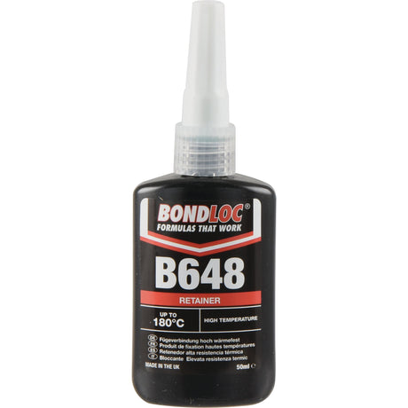 A black and red bottle of Sparex Retainer B648 50ml - S.24098. The label indicates this high-strength retaining compound is suitable for temperatures up to 180°C and made in the UK.