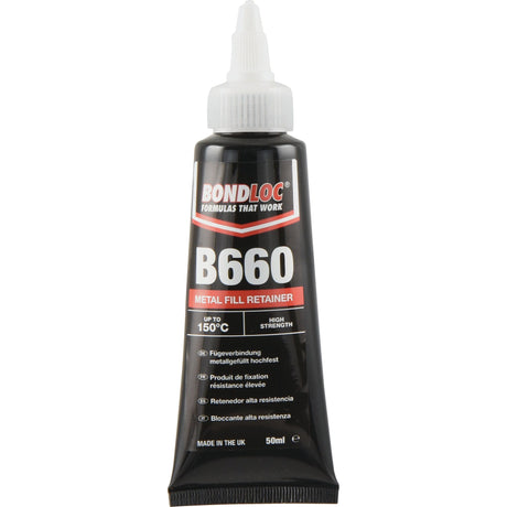 A 50ml bottle of Sparex Quick Metal B660 - S.24099 adhesive, featuring a white nozzle cap and labeled as a high strength retaining compound with temperature resistance up to 150°C, made in the UK, and known for its excellent gap fill characteristics.