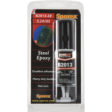 The Sparex Steel Epoxy Resin B2013, available in a 25ml dual syringe dispenser (S.24103), is ideal for general maintenance. The packaging highlights excellent adhesion, heavy-duty bonding, and fast curing for metal applications.