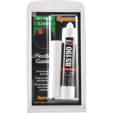 A blister pack containing an 80ml tube of Sparex Flexible Gasket B5190 (S.24108), specifically designed for high-temperature engine components. The packaging features comprehensive product information, Sparex branding details, and top-tier quality assurance.