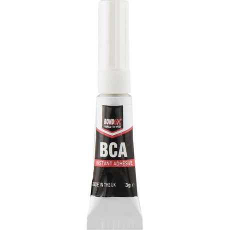 A small tube labeled "Superglue Liquid 3gr - S.24115" from Sparex, featuring a white cap and stylish red and black design. The text reads "BONDiT, Made in the UK, 3g e". This high-strength superglue is perfect for secure bonding of materials.