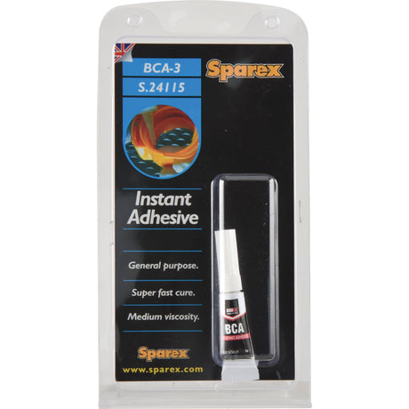 Package of Sparex Superglue Liquid 3gr - S.24115, featuring a small bottle of high-strength adhesive inside a clear plastic case, marketed for general-purpose use with super-fast curing and medium viscosity.